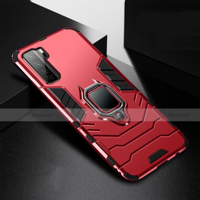 Silicone Matte Finish and Plastic Back Cover Case with Magnetic Finger Ring Stand R01 for Huawei Nova 7 SE 5G Red