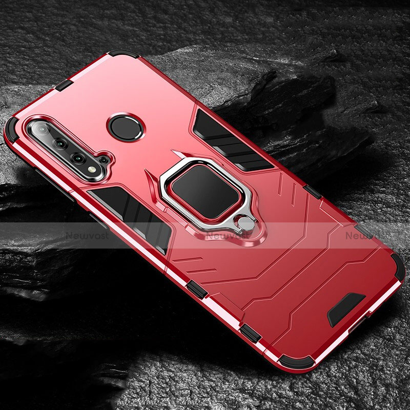 Silicone Matte Finish and Plastic Back Cover Case with Magnetic Finger Ring Stand R01 for Huawei P20 Lite (2019) Red