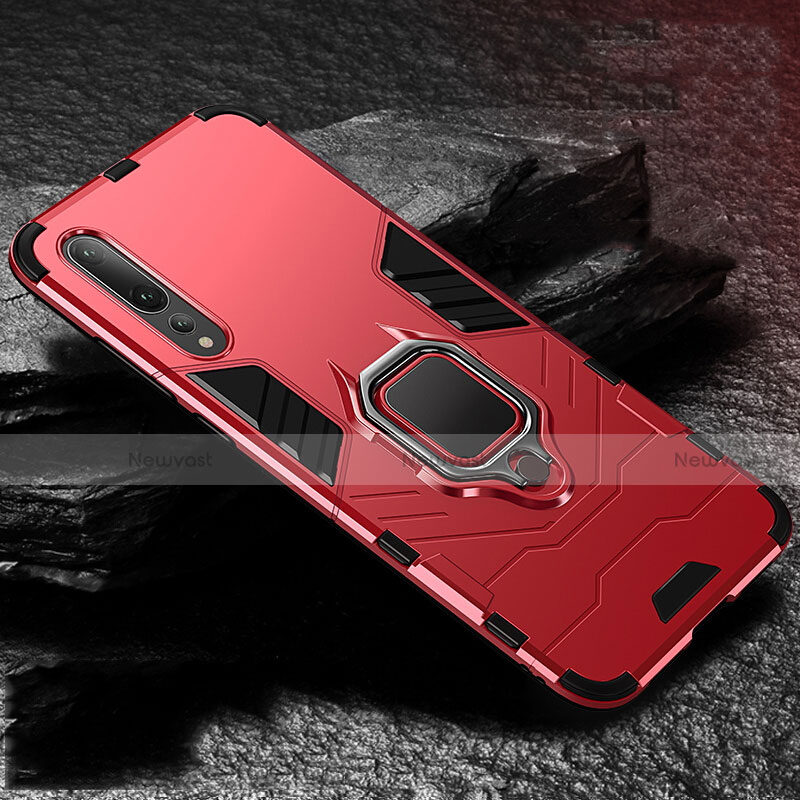 Silicone Matte Finish and Plastic Back Cover Case with Magnetic Finger Ring Stand R01 for Huawei P20 Pro Red