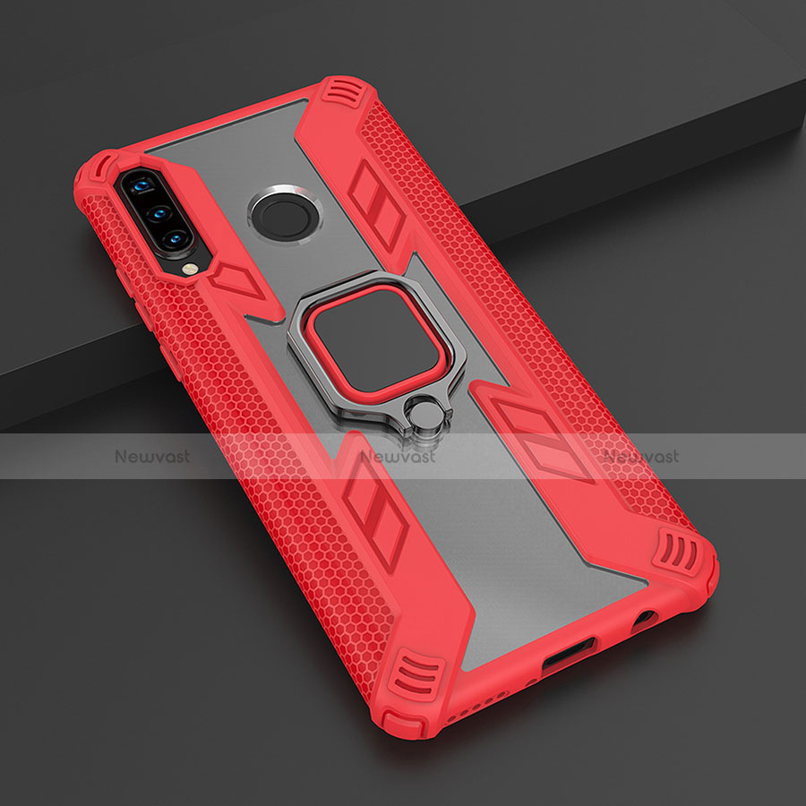 Silicone Matte Finish and Plastic Back Cover Case with Magnetic Finger Ring Stand R01 for Huawei P30 Lite