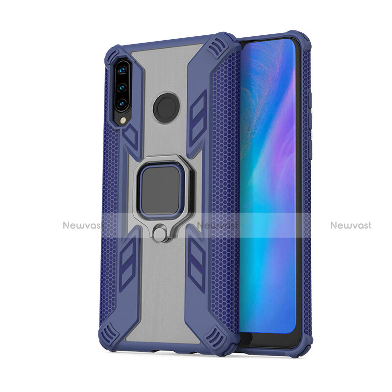 Silicone Matte Finish and Plastic Back Cover Case with Magnetic Finger Ring Stand R01 for Huawei P30 Lite Blue