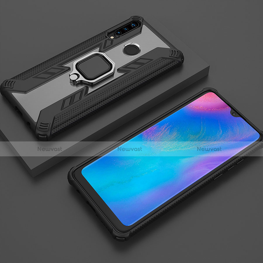 Silicone Matte Finish and Plastic Back Cover Case with Magnetic Finger Ring Stand R01 for Huawei P30 Lite XL