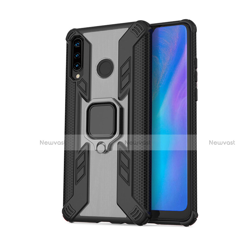 Silicone Matte Finish and Plastic Back Cover Case with Magnetic Finger Ring Stand R01 for Huawei P30 Lite XL Black