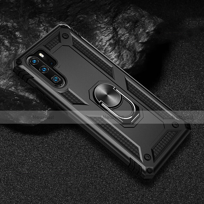 Silicone Matte Finish and Plastic Back Cover Case with Magnetic Finger Ring Stand R01 for Huawei P30 Pro New Edition Black