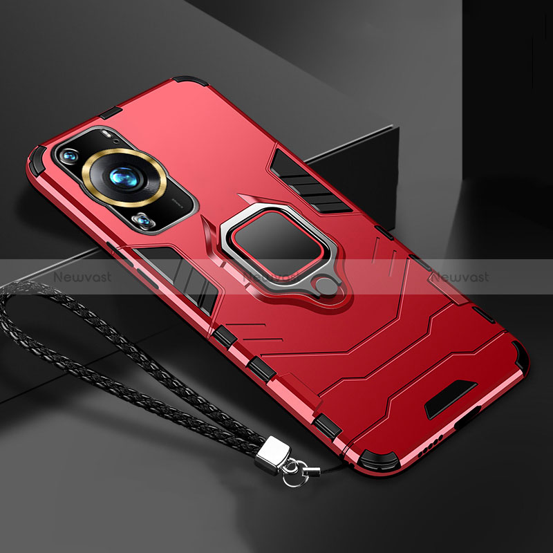 Silicone Matte Finish and Plastic Back Cover Case with Magnetic Finger Ring Stand R01 for Huawei P60