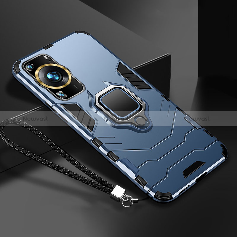 Silicone Matte Finish and Plastic Back Cover Case with Magnetic Finger Ring Stand R01 for Huawei P60 Blue