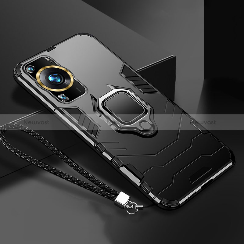 Silicone Matte Finish and Plastic Back Cover Case with Magnetic Finger Ring Stand R01 for Huawei P60 Pro Black