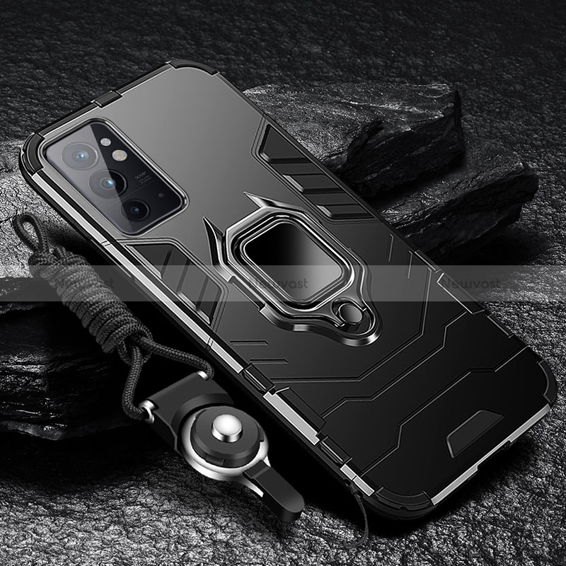 Silicone Matte Finish and Plastic Back Cover Case with Magnetic Finger Ring Stand R01 for OnePlus 9RT 5G Black