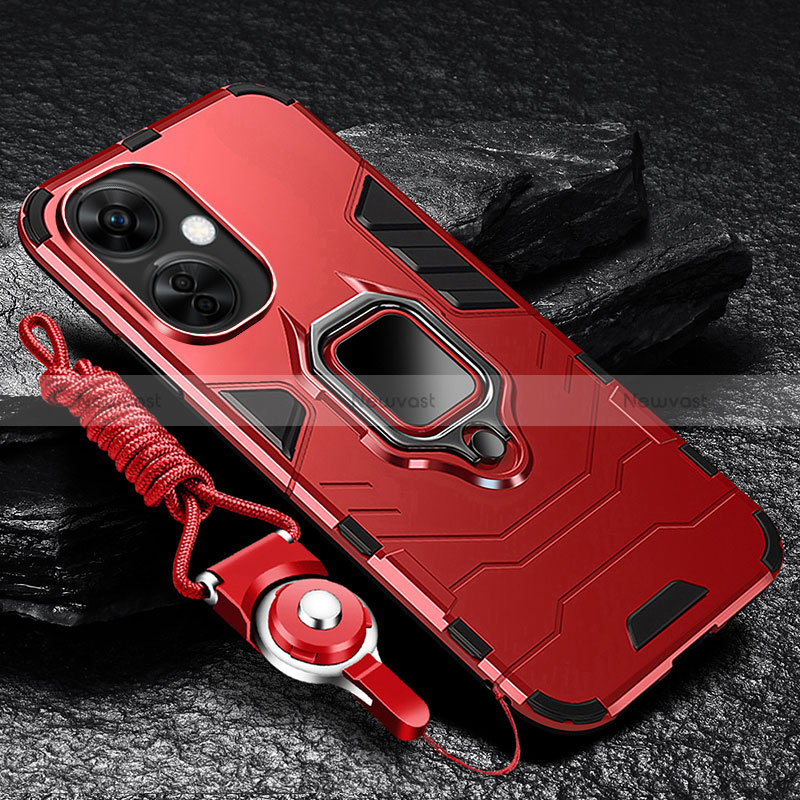 Silicone Matte Finish and Plastic Back Cover Case with Magnetic Finger Ring Stand R01 for OnePlus Nord CE 3 Lite 5G Red