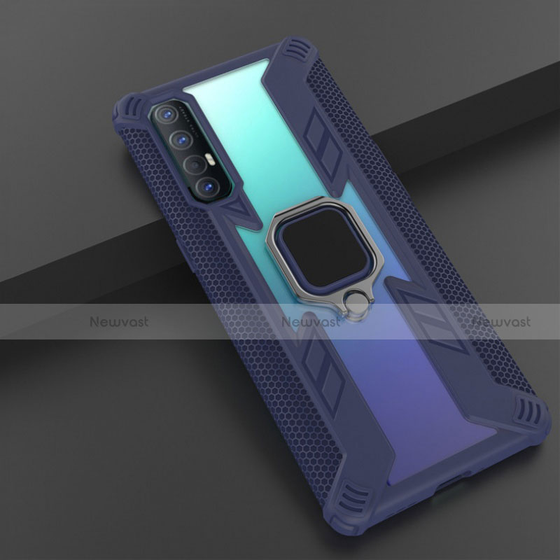 Silicone Matte Finish and Plastic Back Cover Case with Magnetic Finger Ring Stand R01 for Oppo Find X2 Neo Blue