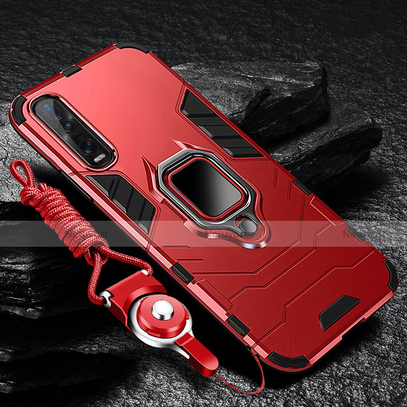 Silicone Matte Finish and Plastic Back Cover Case with Magnetic Finger Ring Stand R01 for Oppo Find X2 Pro Red