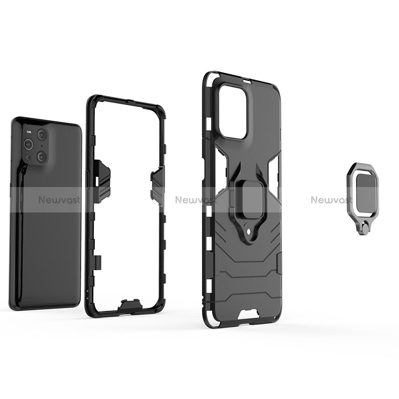Silicone Matte Finish and Plastic Back Cover Case with Magnetic Finger Ring Stand R01 for Oppo Find X3 5G