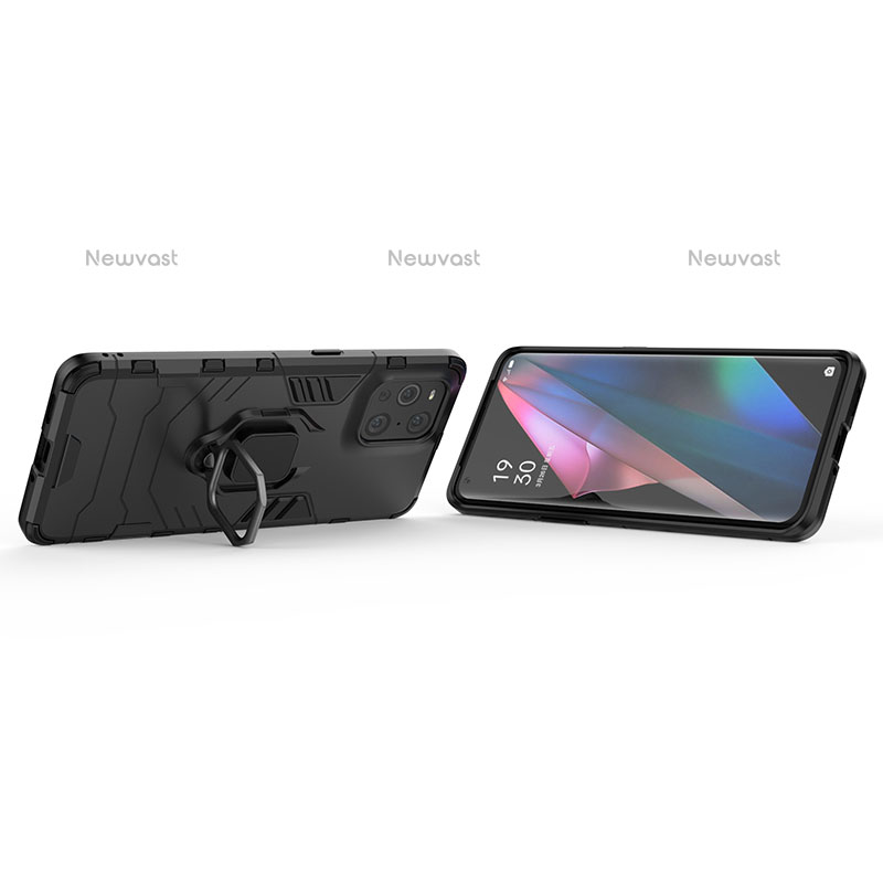 Silicone Matte Finish and Plastic Back Cover Case with Magnetic Finger Ring Stand R01 for Oppo Find X3 Pro 5G