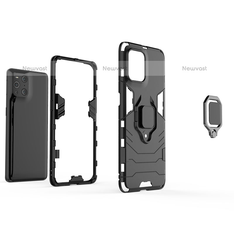 Silicone Matte Finish and Plastic Back Cover Case with Magnetic Finger Ring Stand R01 for Oppo Find X3 Pro 5G