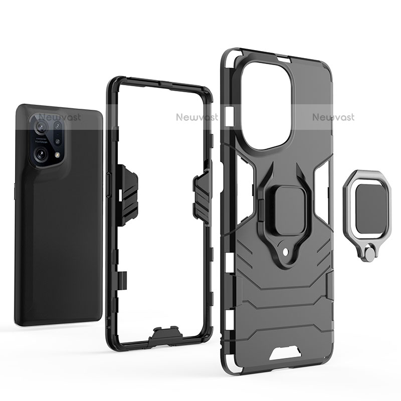 Silicone Matte Finish and Plastic Back Cover Case with Magnetic Finger Ring Stand R01 for Oppo Find X5 Pro 5G