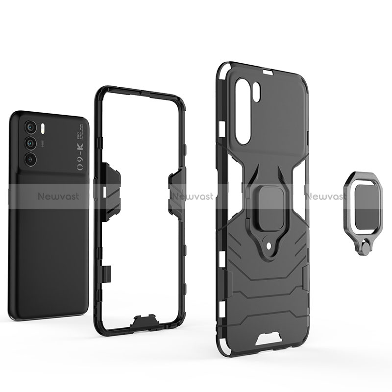 Silicone Matte Finish and Plastic Back Cover Case with Magnetic Finger Ring Stand R01 for Oppo K9 Pro 5G