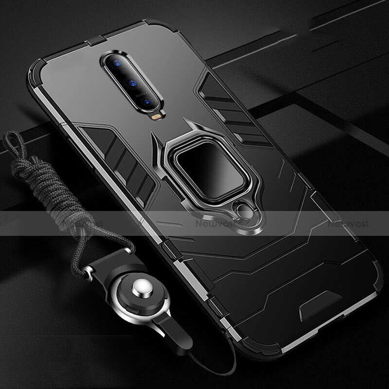 Silicone Matte Finish and Plastic Back Cover Case with Magnetic Finger Ring Stand R01 for Oppo R17 Pro Black