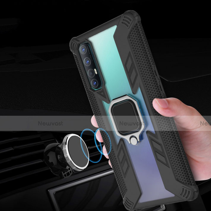 Silicone Matte Finish and Plastic Back Cover Case with Magnetic Finger Ring Stand R01 for Oppo Reno3 Pro