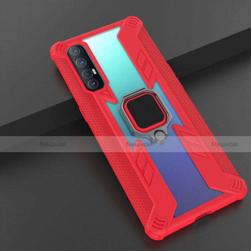 Silicone Matte Finish and Plastic Back Cover Case with Magnetic Finger Ring Stand R01 for Oppo Reno3 Pro Red