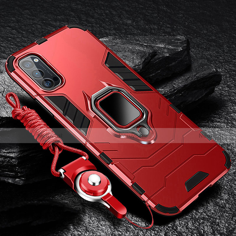 Silicone Matte Finish and Plastic Back Cover Case with Magnetic Finger Ring Stand R01 for Oppo Reno4 Pro 5G Red