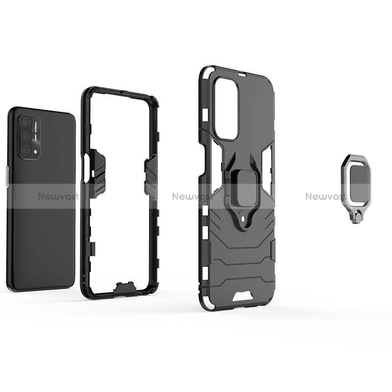 Silicone Matte Finish and Plastic Back Cover Case with Magnetic Finger Ring Stand R01 for Oppo Reno5 Z 5G