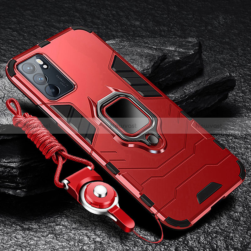 Silicone Matte Finish and Plastic Back Cover Case with Magnetic Finger Ring Stand R01 for Oppo Reno6 5G Red