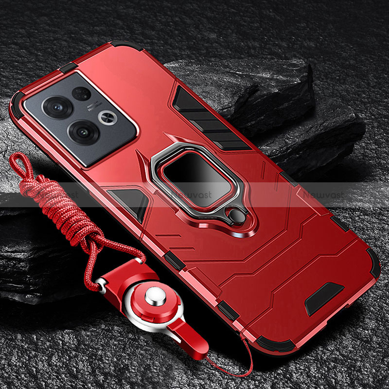 Silicone Matte Finish and Plastic Back Cover Case with Magnetic Finger Ring Stand R01 for Oppo Reno8 Pro 5G Red