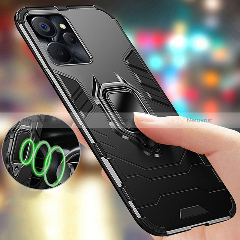 Silicone Matte Finish and Plastic Back Cover Case with Magnetic Finger Ring Stand R01 for Realme 10T 5G