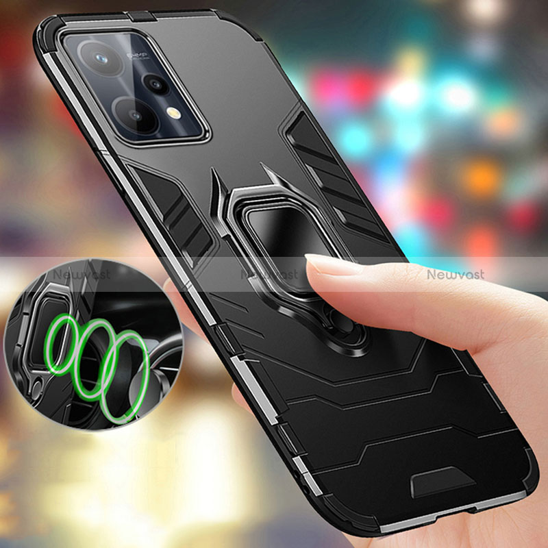 Silicone Matte Finish and Plastic Back Cover Case with Magnetic Finger Ring Stand R01 for Realme 9 4G