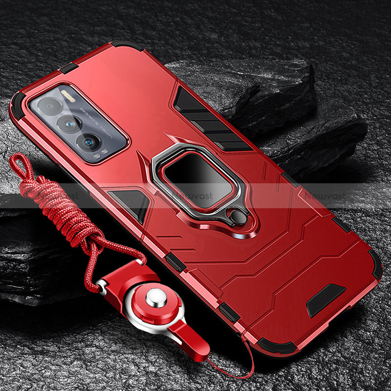 Silicone Matte Finish and Plastic Back Cover Case with Magnetic Finger Ring Stand R01 for Realme GT Master Explorer 5G Red