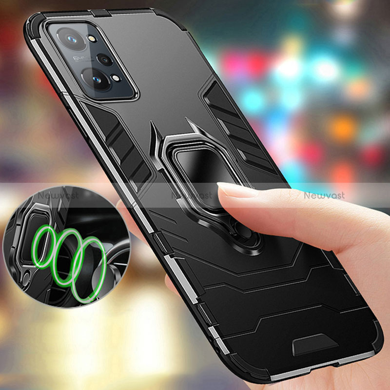 Silicone Matte Finish and Plastic Back Cover Case with Magnetic Finger Ring Stand R01 for Realme GT Neo 3T 5G