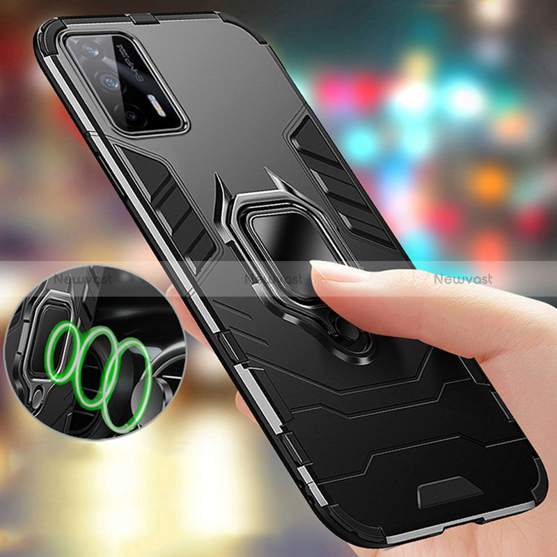 Silicone Matte Finish and Plastic Back Cover Case with Magnetic Finger Ring Stand R01 for Realme GT Neo 5G