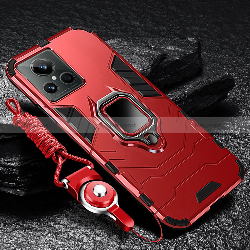 Silicone Matte Finish and Plastic Back Cover Case with Magnetic Finger Ring Stand R01 for Realme GT2 Master Explorer Red