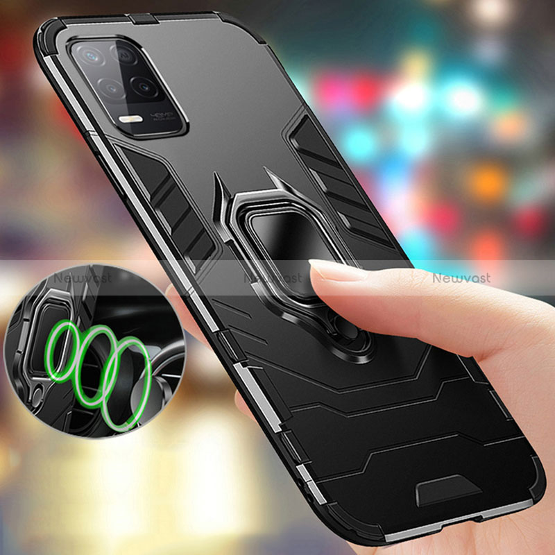 Silicone Matte Finish and Plastic Back Cover Case with Magnetic Finger Ring Stand R01 for Realme Q3 5G