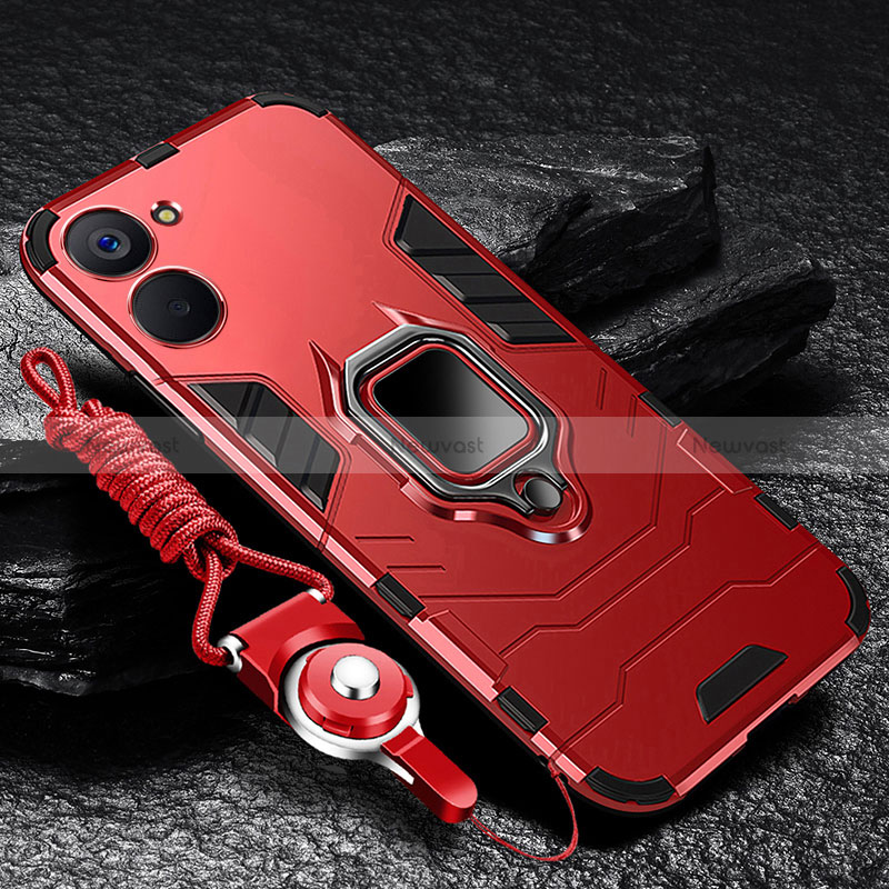 Silicone Matte Finish and Plastic Back Cover Case with Magnetic Finger Ring Stand R01 for Realme Q5x 5G Red