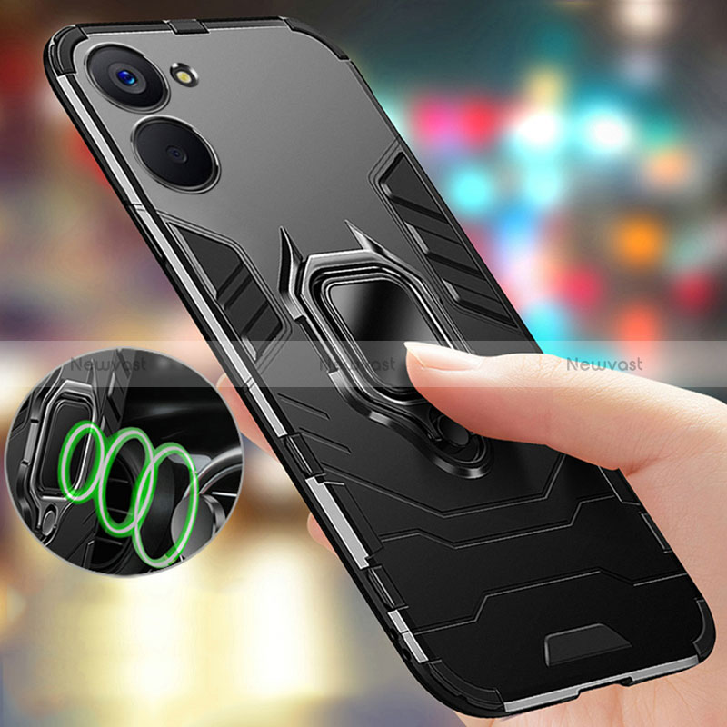 Silicone Matte Finish and Plastic Back Cover Case with Magnetic Finger Ring Stand R01 for Realme V30 5G