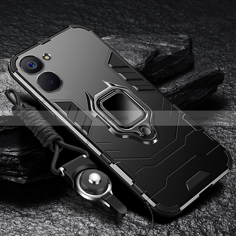 Silicone Matte Finish and Plastic Back Cover Case with Magnetic Finger Ring Stand R01 for Realme V30t 5G Black