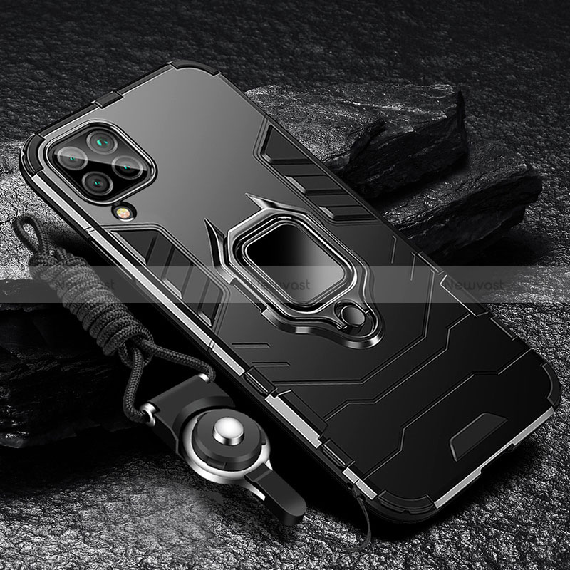 Silicone Matte Finish and Plastic Back Cover Case with Magnetic Finger Ring Stand R01 for Samsung Galaxy A12 Nacho Black