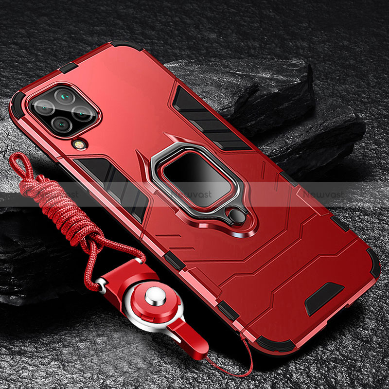 Silicone Matte Finish and Plastic Back Cover Case with Magnetic Finger Ring Stand R01 for Samsung Galaxy A12 Nacho Red