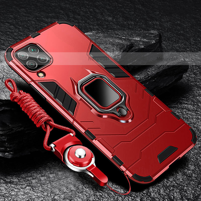 Silicone Matte Finish and Plastic Back Cover Case with Magnetic Finger Ring Stand R01 for Samsung Galaxy A12 Red