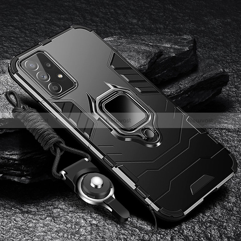 Silicone Matte Finish and Plastic Back Cover Case with Magnetic Finger Ring Stand R01 for Samsung Galaxy A32 5G Black