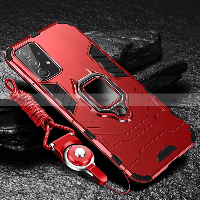 Silicone Matte Finish and Plastic Back Cover Case with Magnetic Finger Ring Stand R01 for Samsung Galaxy A32 5G Red