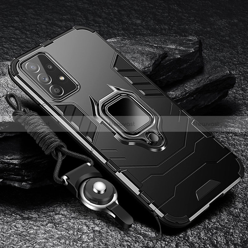 Silicone Matte Finish and Plastic Back Cover Case with Magnetic Finger Ring Stand R01 for Samsung Galaxy A33 5G Black