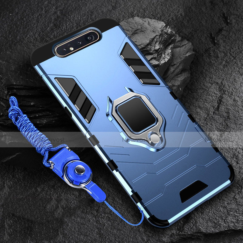 Silicone Matte Finish and Plastic Back Cover Case with Magnetic Finger Ring Stand R01 for Samsung Galaxy A90 4G Blue