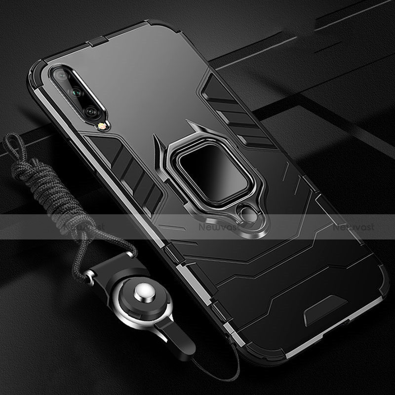 Silicone Matte Finish and Plastic Back Cover Case with Magnetic Finger Ring Stand R01 for Samsung Galaxy A90 5G Black