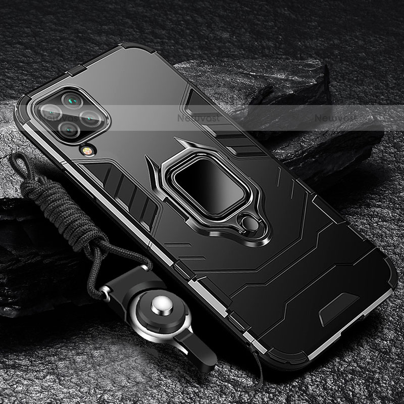 Silicone Matte Finish and Plastic Back Cover Case with Magnetic Finger Ring Stand R01 for Samsung Galaxy F12 Black