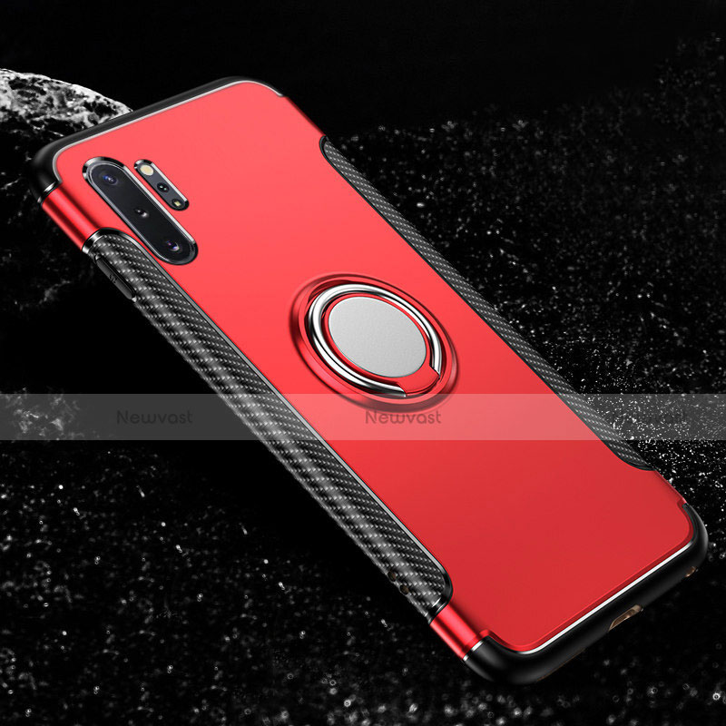 Silicone Matte Finish and Plastic Back Cover Case with Magnetic Finger Ring Stand R01 for Samsung Galaxy Note 10 Plus Red