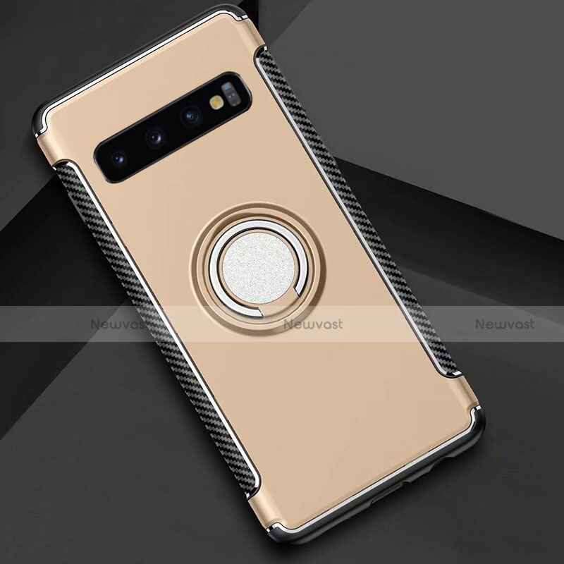 Silicone Matte Finish and Plastic Back Cover Case with Magnetic Finger Ring Stand R01 for Samsung Galaxy S10 Plus Gold