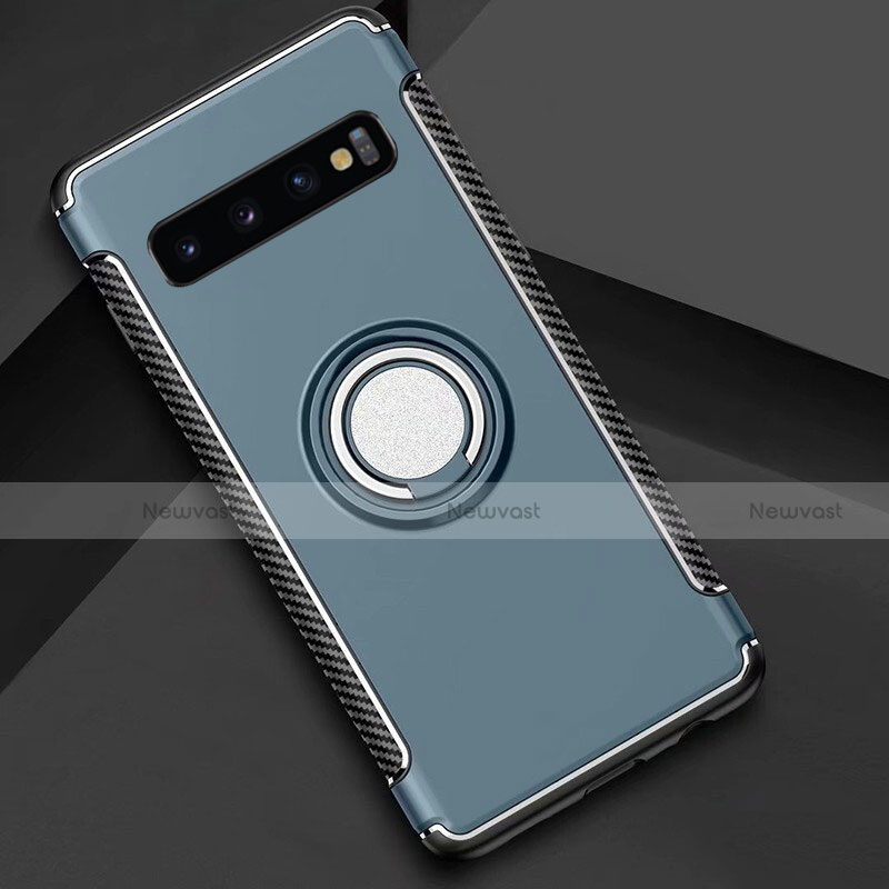 Silicone Matte Finish and Plastic Back Cover Case with Magnetic Finger Ring Stand R01 for Samsung Galaxy S10 Plus Sky Blue