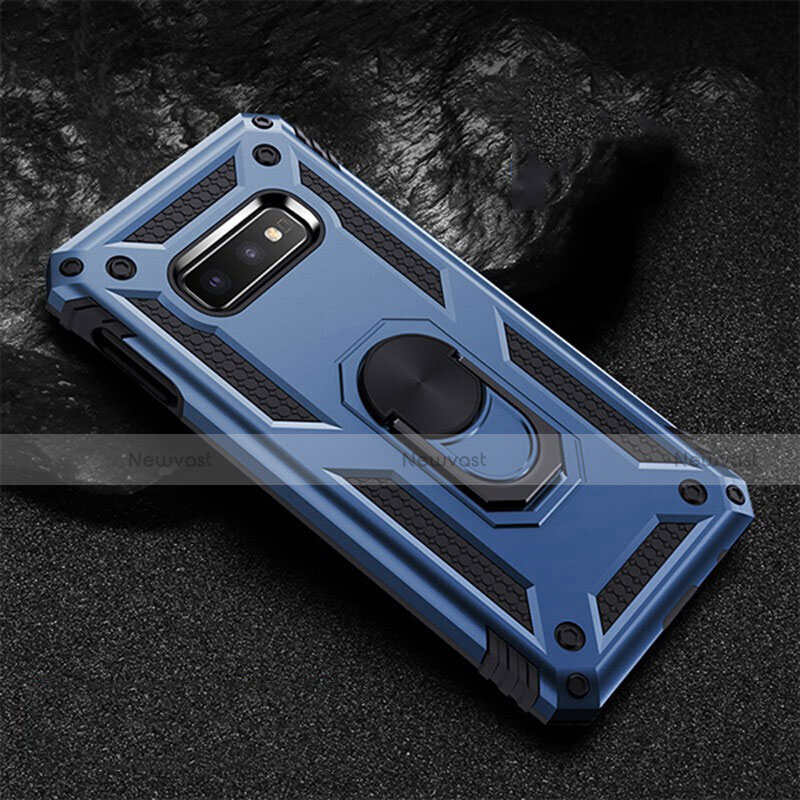 Silicone Matte Finish and Plastic Back Cover Case with Magnetic Finger Ring Stand R01 for Samsung Galaxy S10e Blue